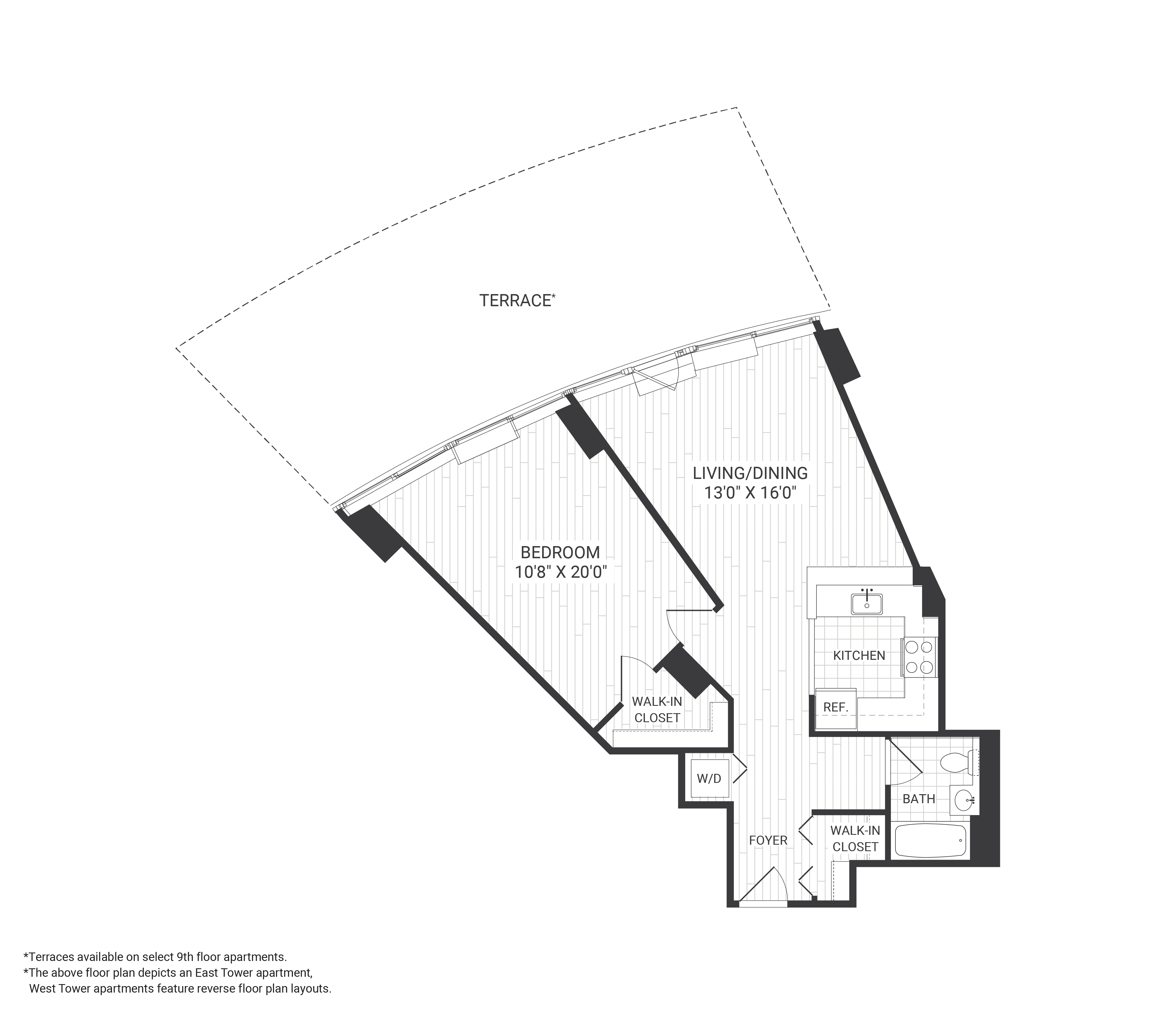 Floor plan for 1 bed, 1 bath, 810 sqft