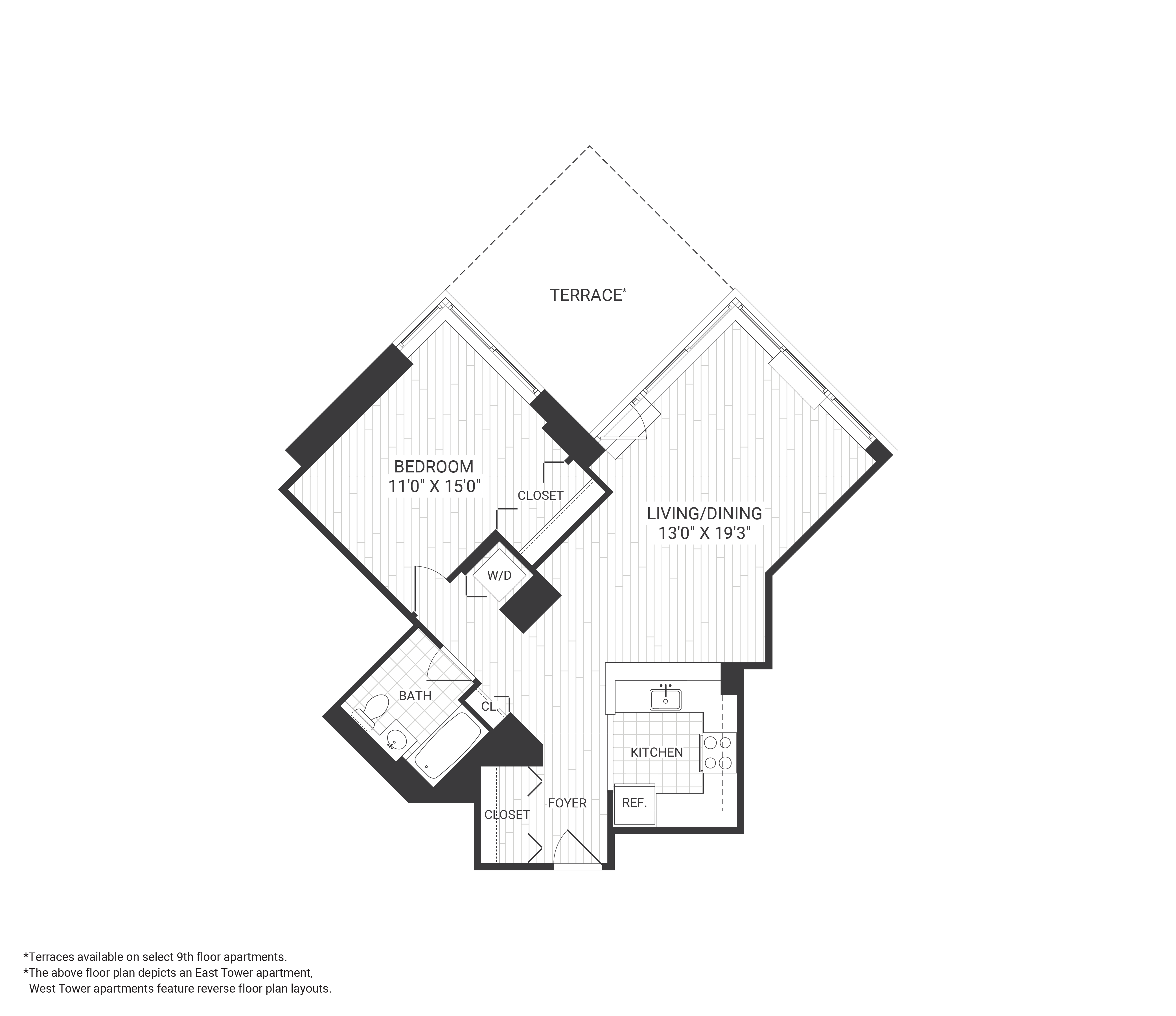 Floor plan for 1 bed, 1 bath, 825 sqft
