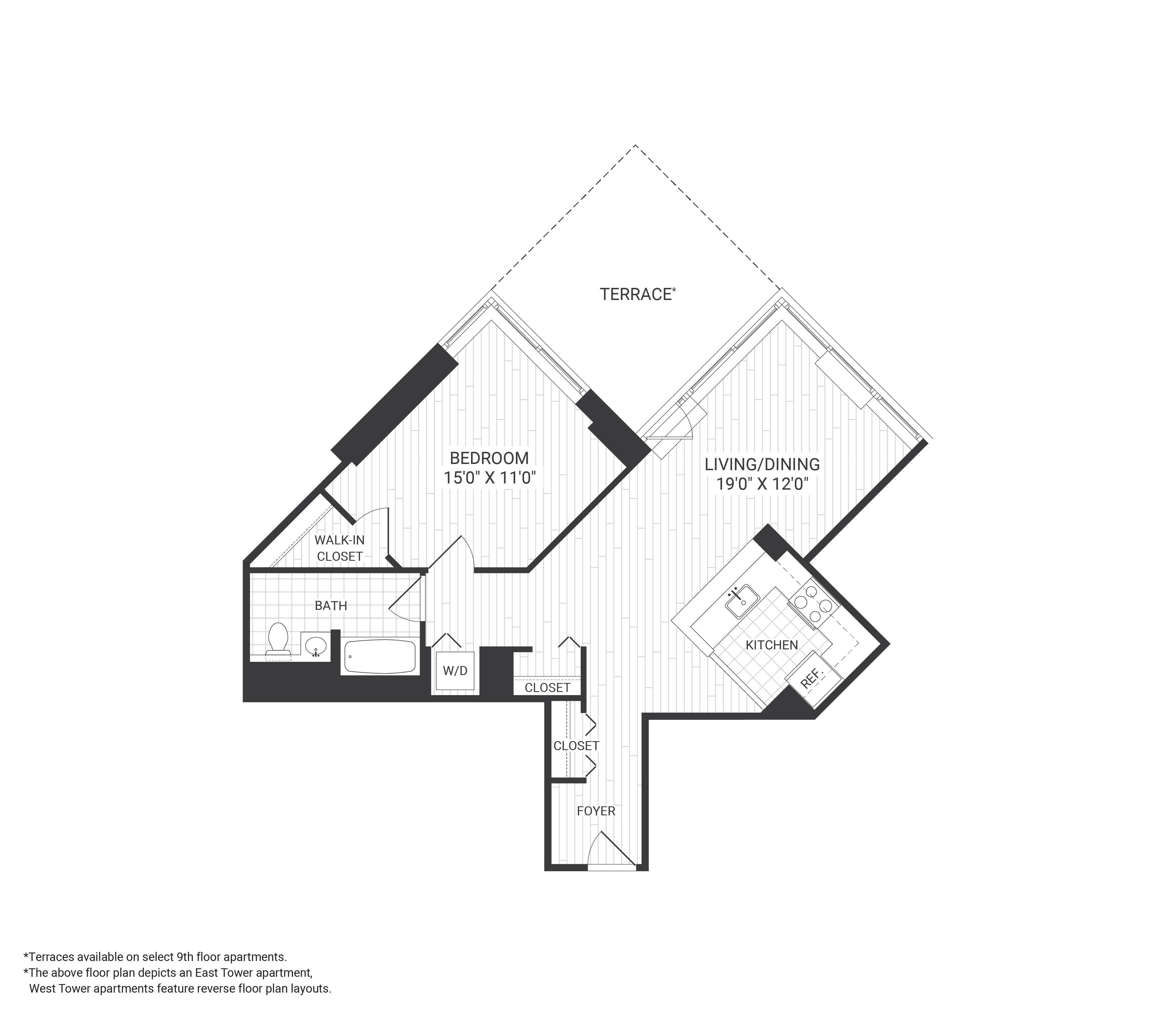 Floor plan for 1 bed, 1 bath, 850 sqft