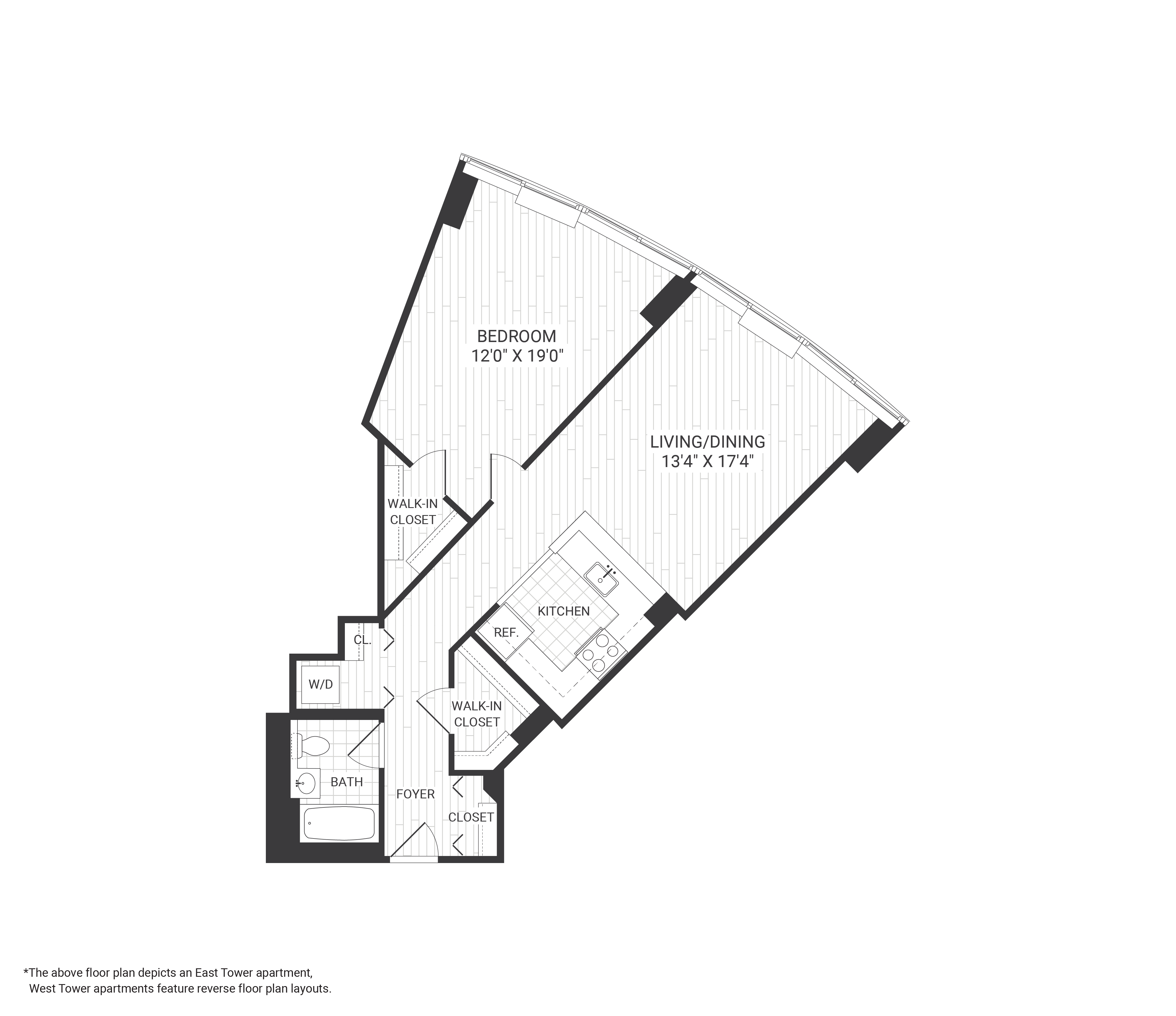 Floor plan for 1 bed, 1 bath, 855 sqft