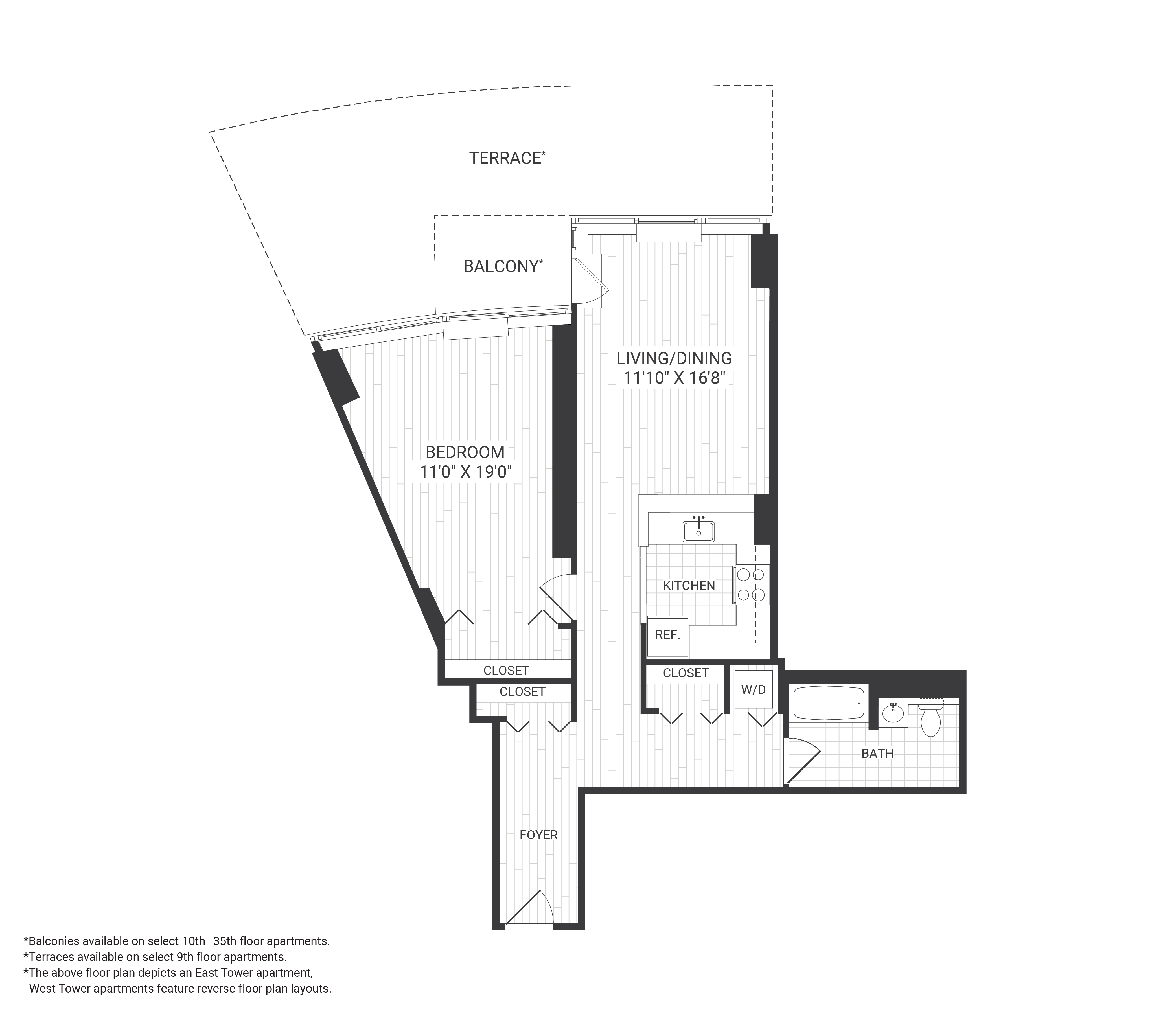 Floor plan for 1 bed, 1 bath, 900 sqft