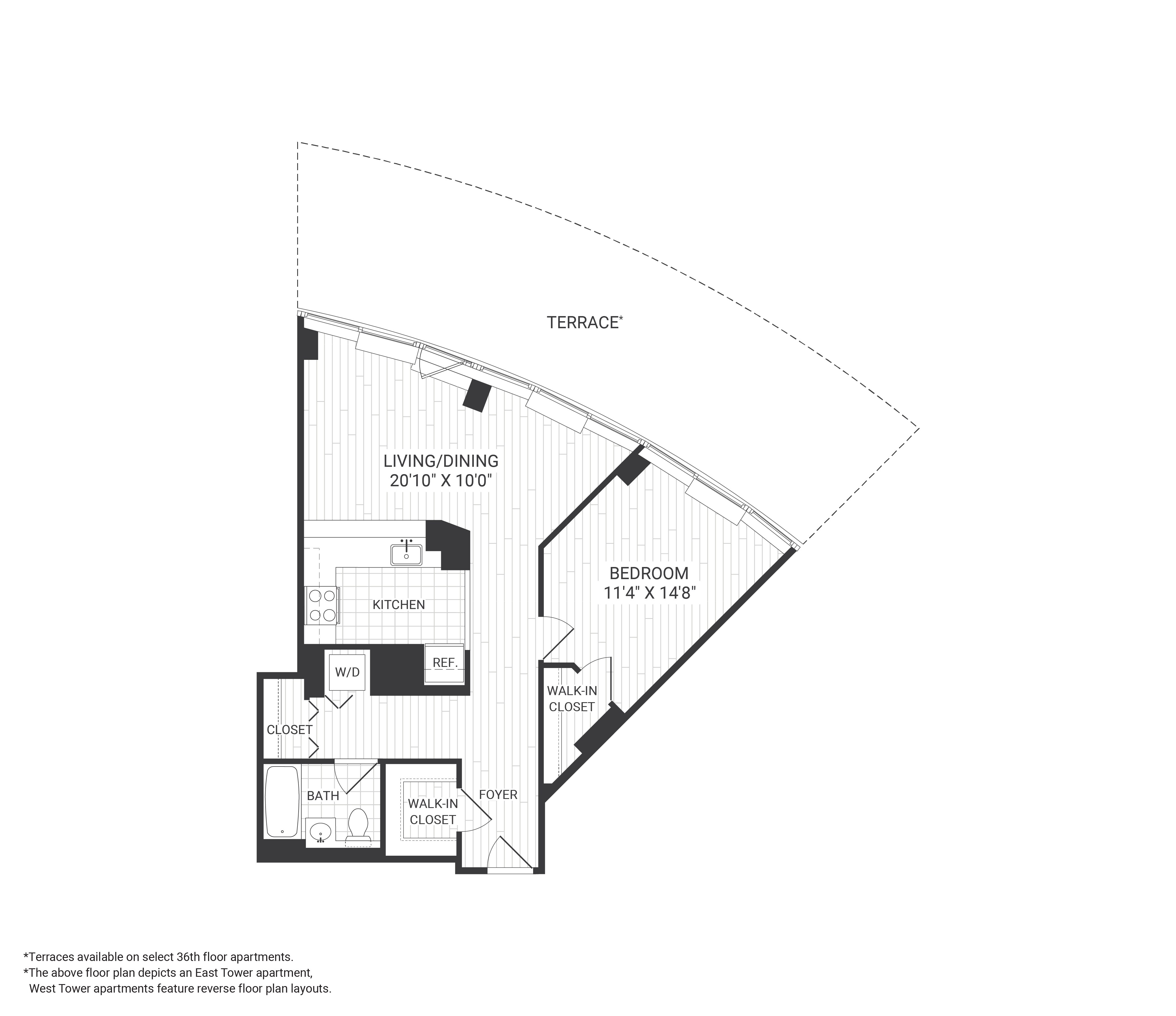 Floor plan for 1 bed, 1 bath, 800 sqft