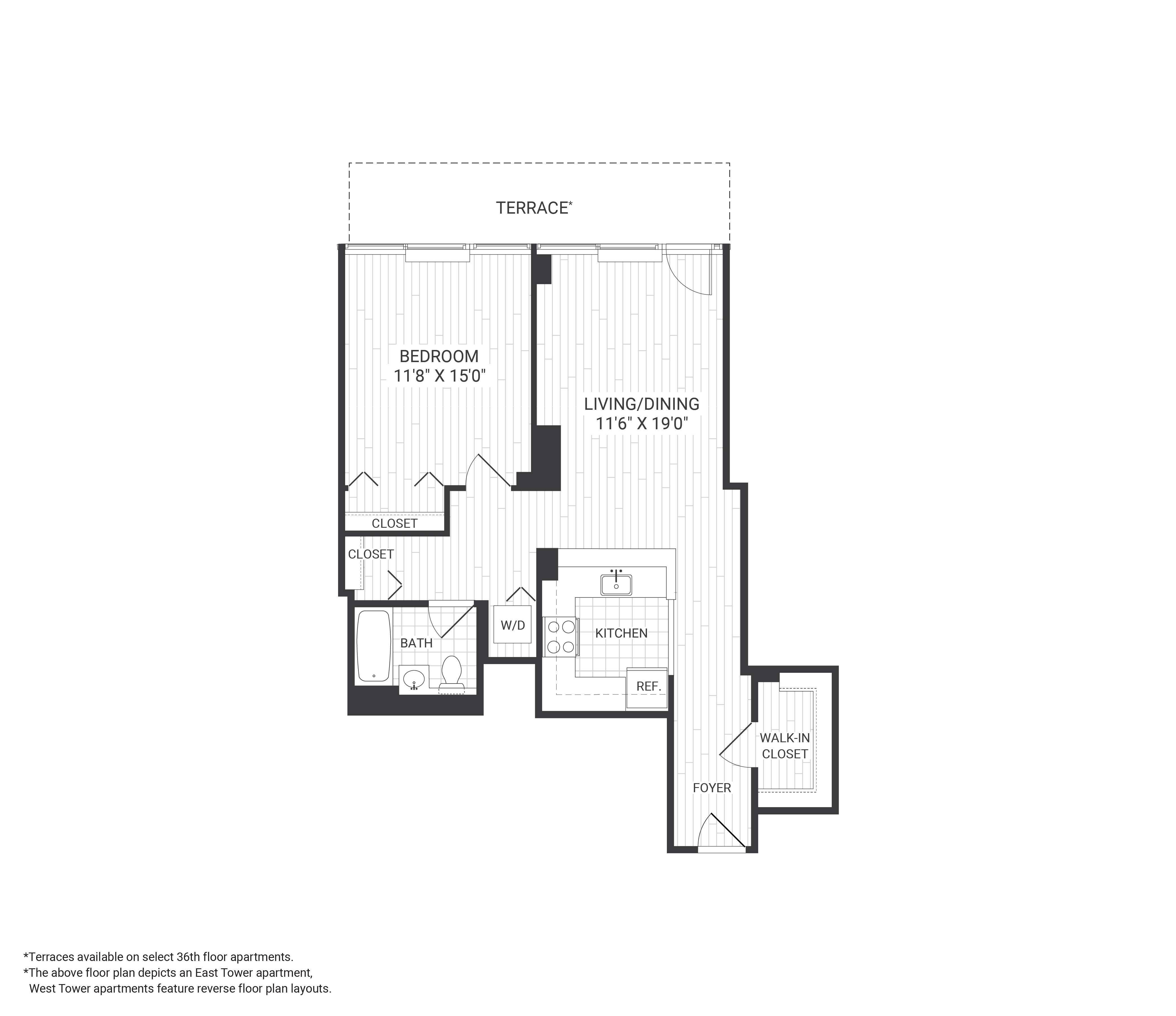 Floor plan for 1 bed, 1 bath, 845 sqft