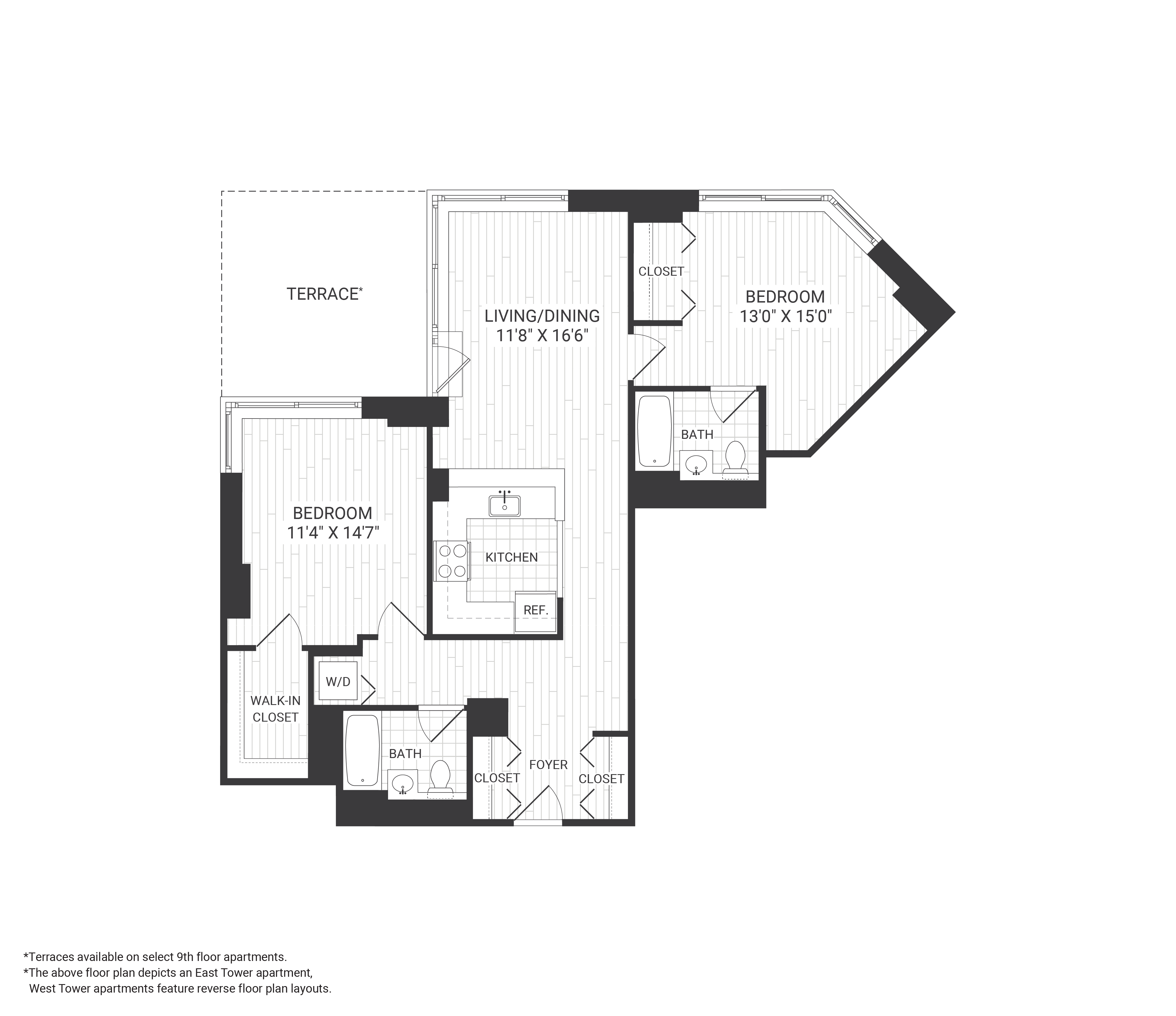 Floor plan for 2 beds, 2 baths, 1070 sqft