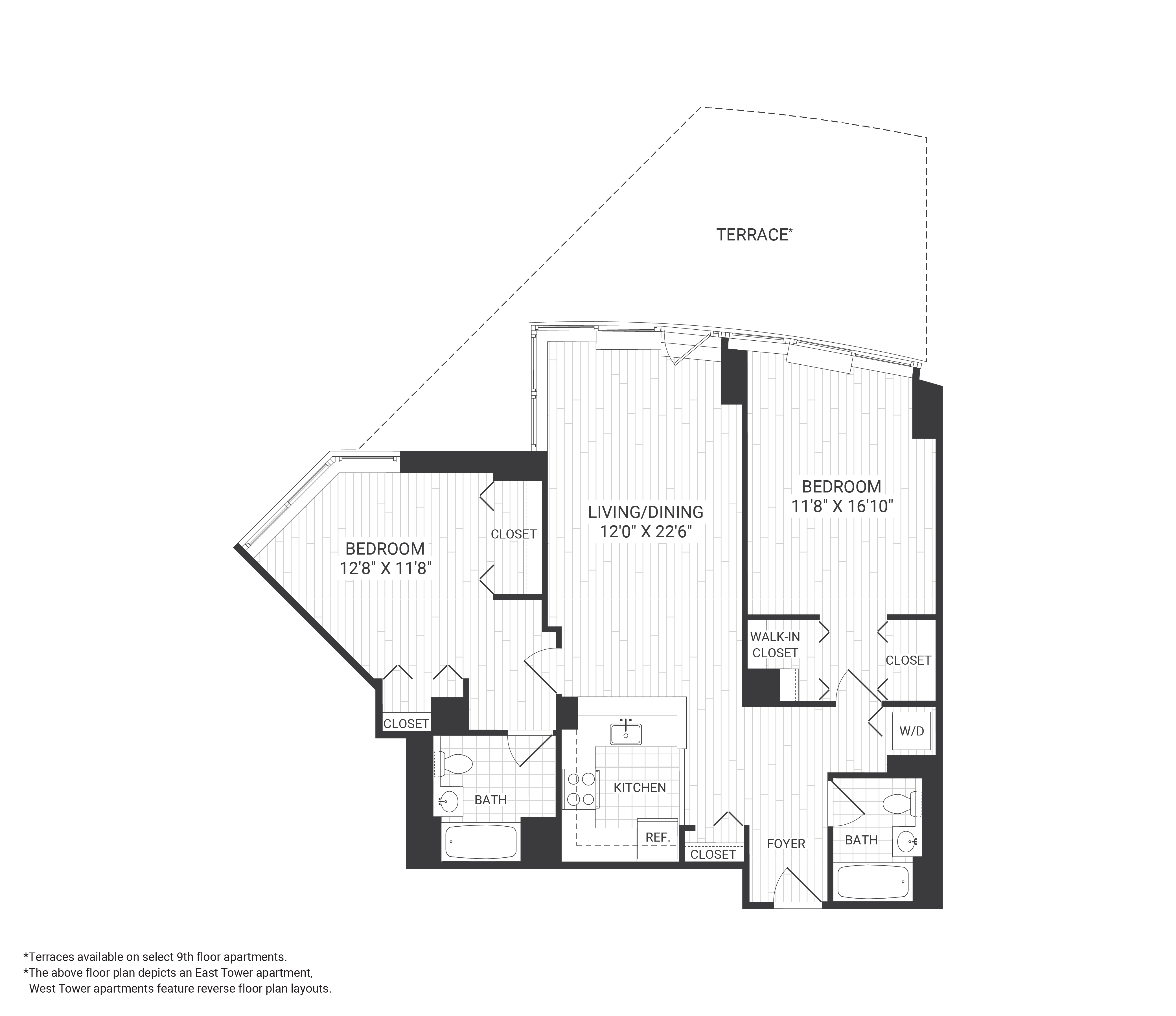 Floor plan for 2 beds, 2 baths, 1145 sqft