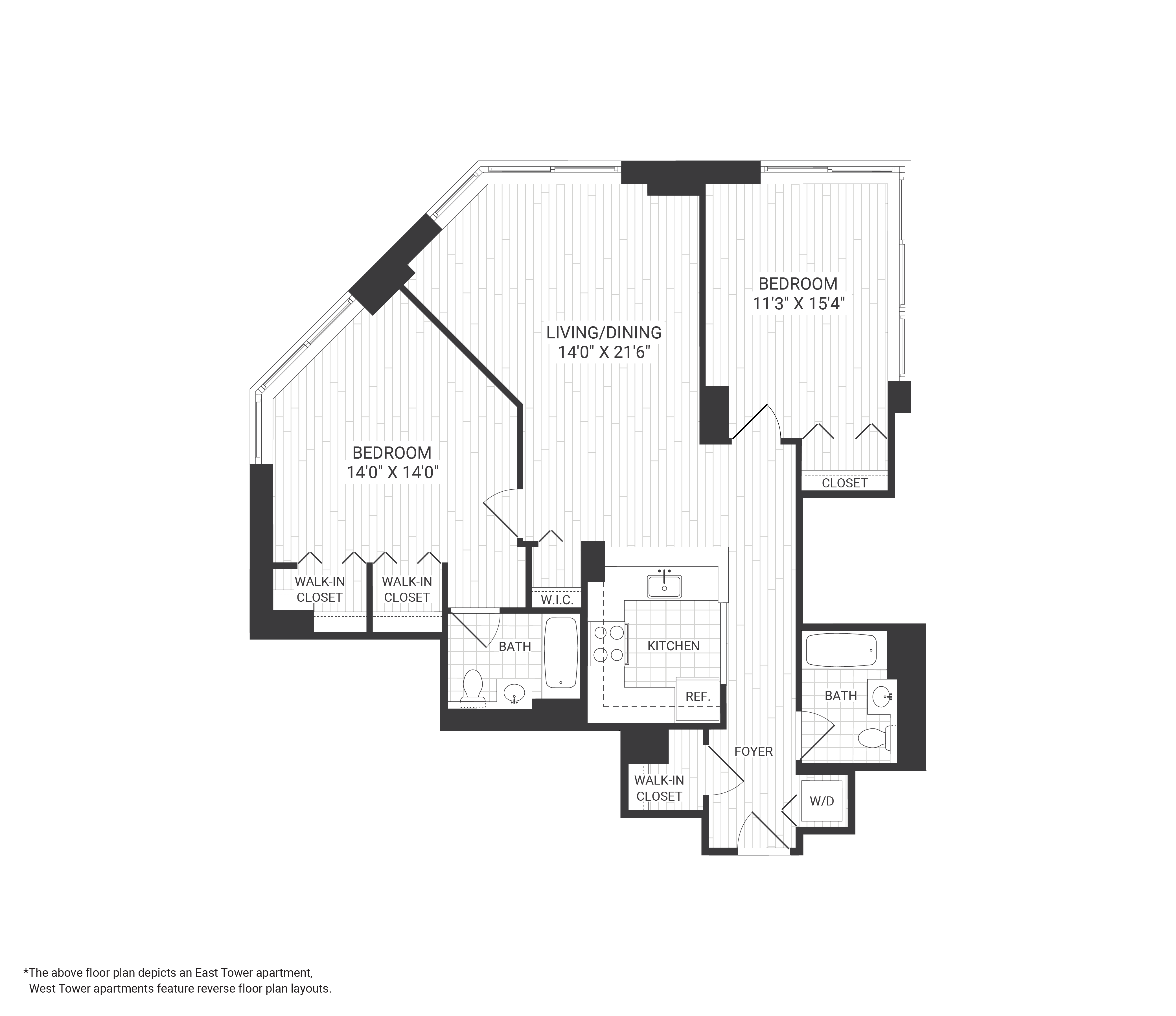 Floor plan for 2 beds, 2 baths, 1145 sqft