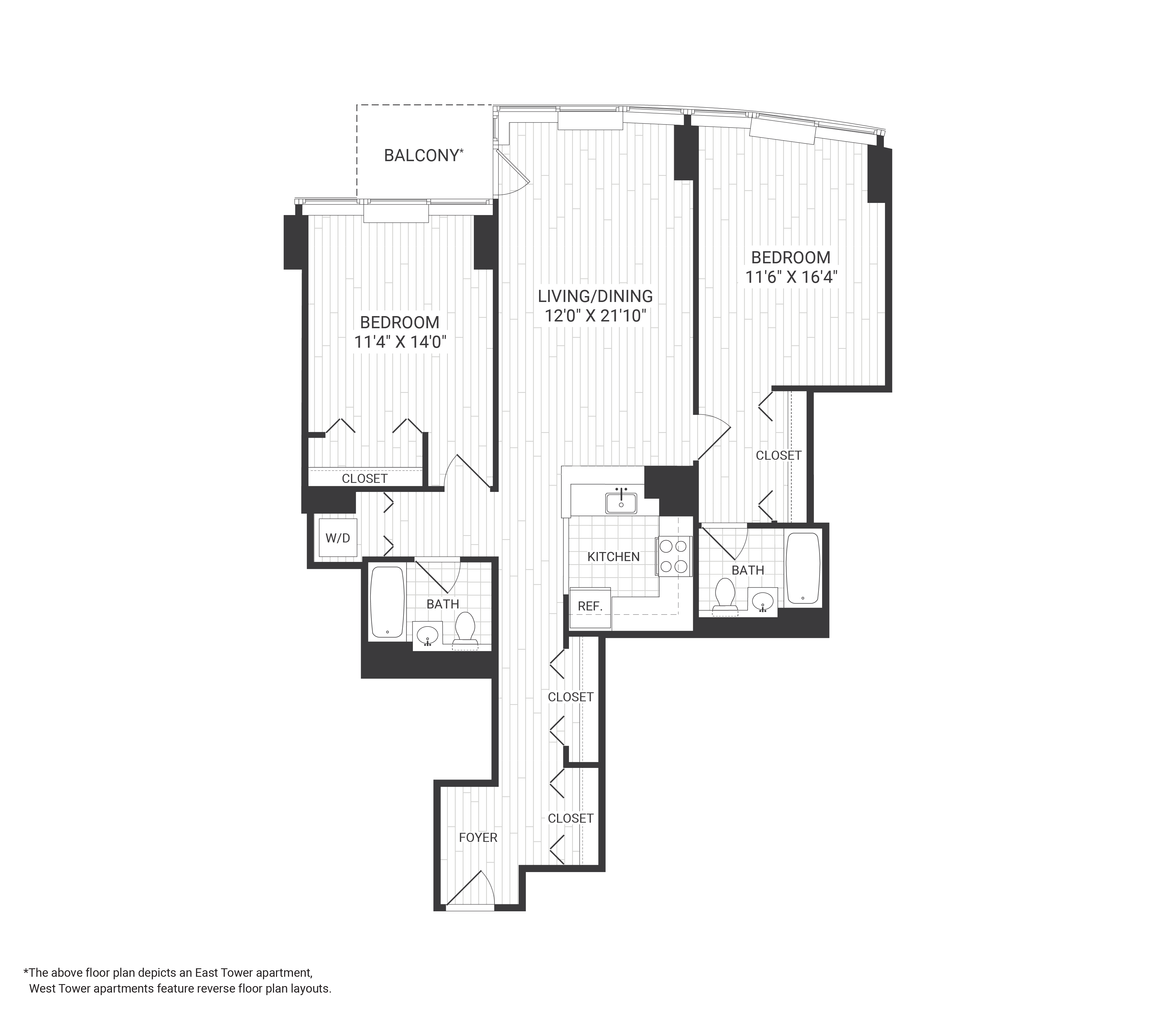 Floor plan for 2 beds, 2 baths, 1190 sqft