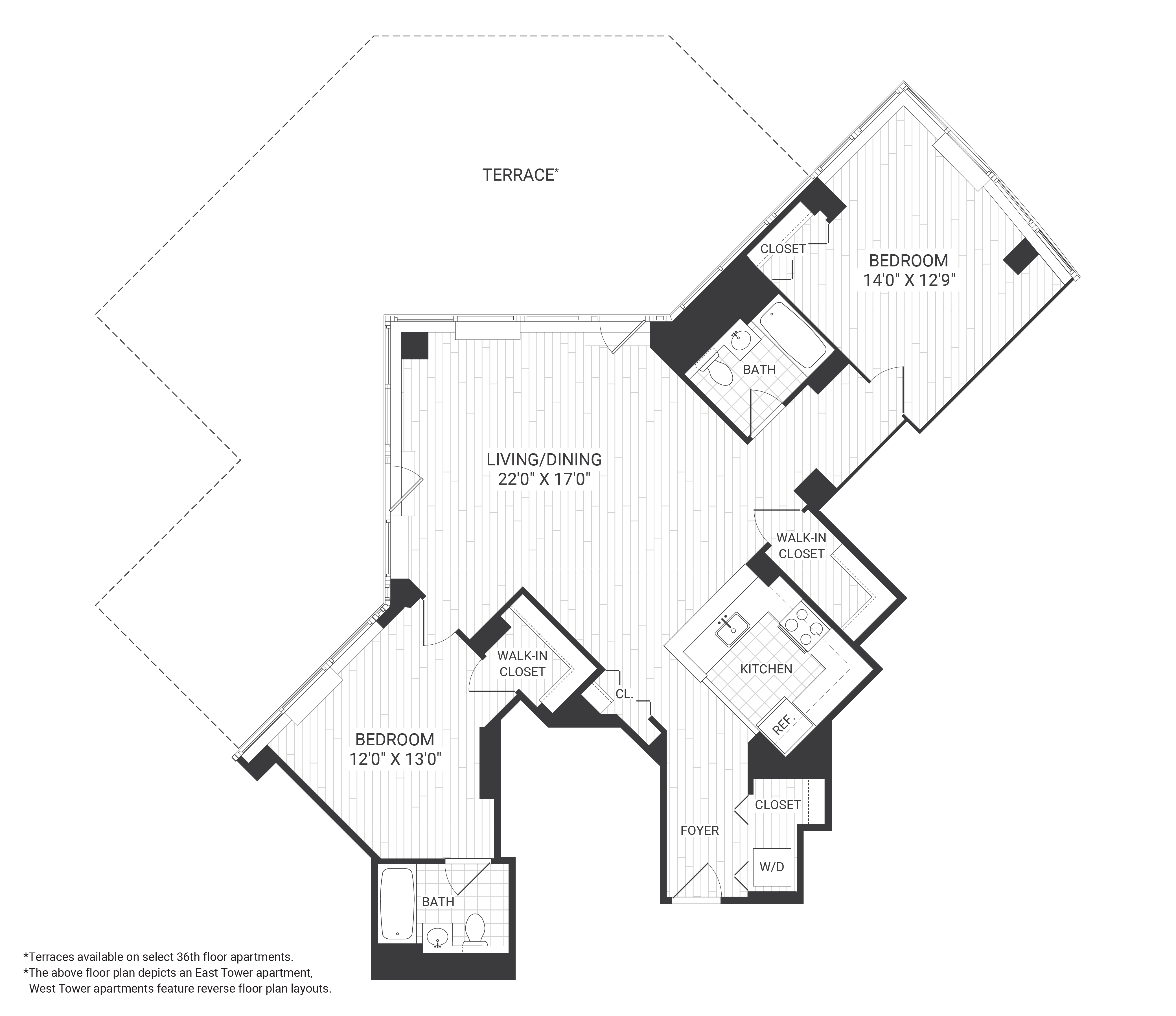 Floor plan for 2 beds, 2 baths, 1290 sqft