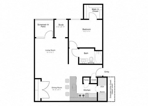 Floor plan for 1 bed, 1 bath, 869 sqft