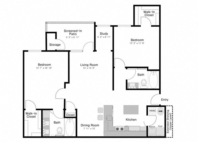 Floor plan for 2 beds, 2 baths, 1185 sqft