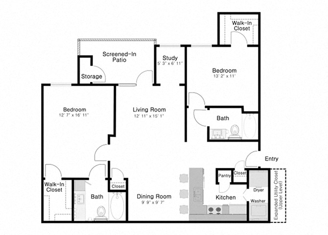 Floor plan for 2 beds, 2 baths, 1185 sqft