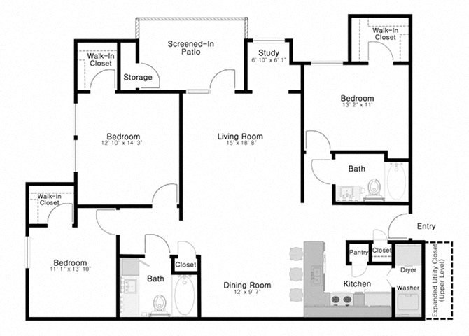 Floor plan for 3 beds, 2 baths, 1477 sqft