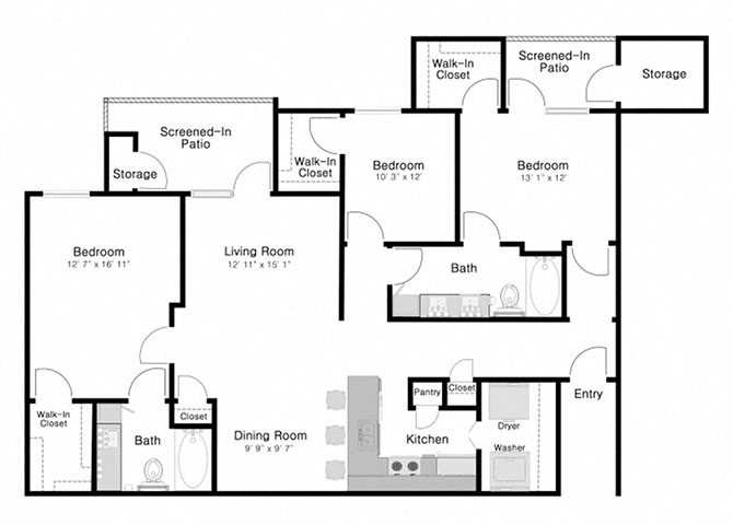 Floor plan for 3 beds, 2 baths, 1402 sqft