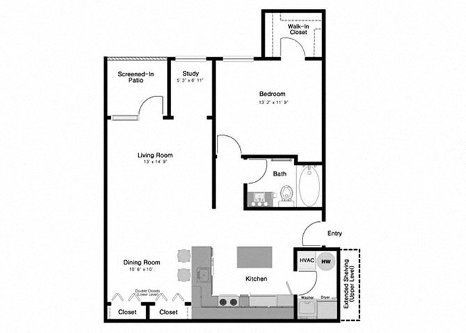 Floor plan for 1 bed, 1 bath, 869 sqft