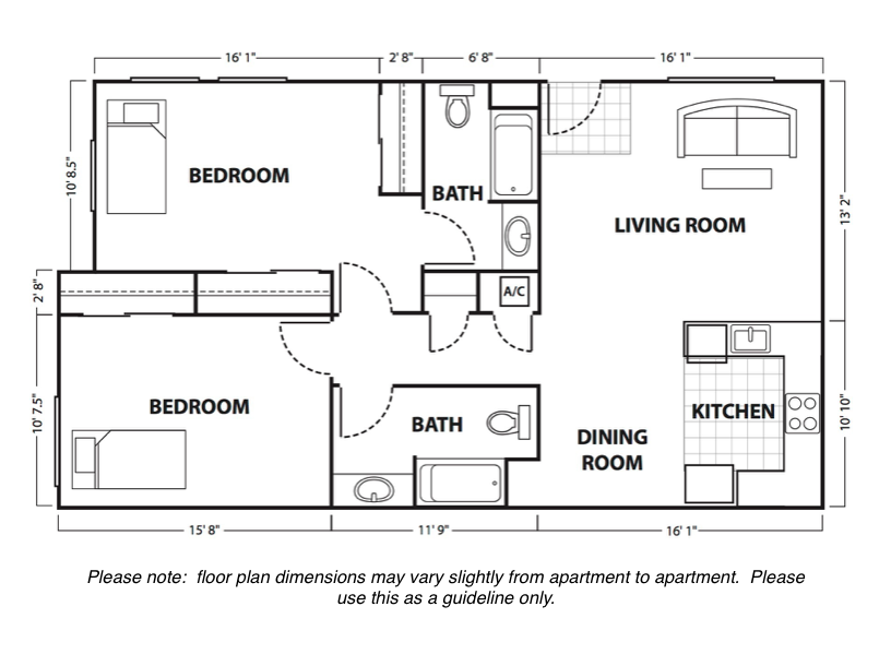 Floor plan for 2 beds, 2 baths, 1023 sqft