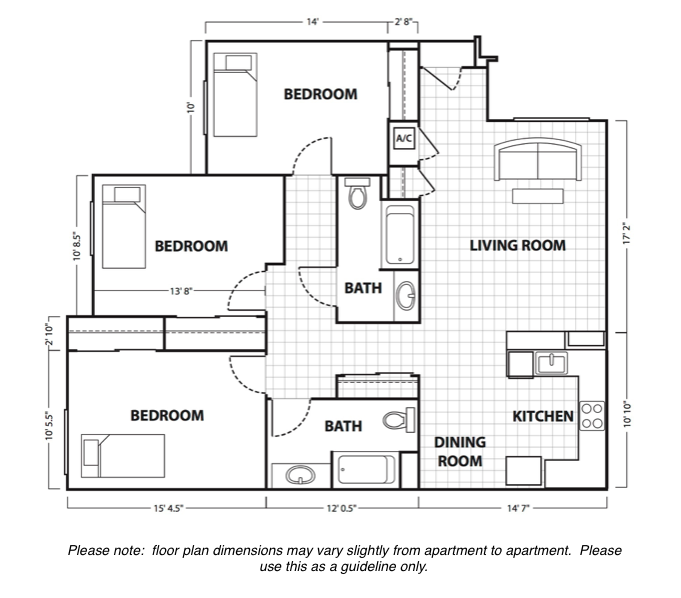 Floor plan for 3 beds, 2 baths, 1242 sqft