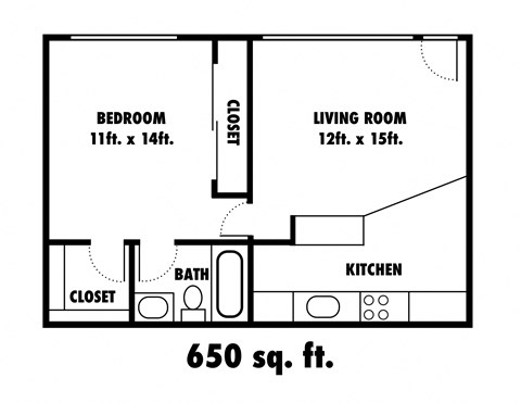 Floor plan for 1 bed, 1 bath, 650 sqft