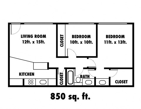Floor plan for 2 beds, 1 bath, 850 sqft
