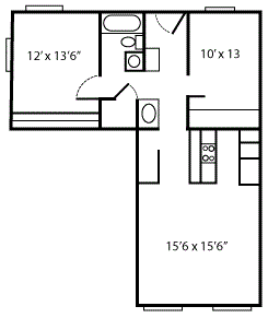 Floor plan for 2 beds, 1 bath, 885 sqft