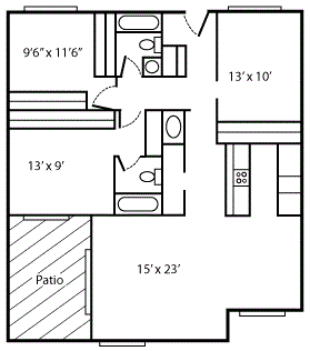 Floor plan for 3 beds, 2 baths, 1142 sqft
