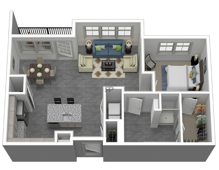 Floor plan for 1 bed, 1 bath, 838 sqft