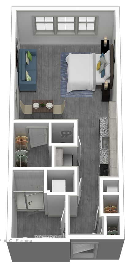 Floor plan for studio, 1 bath, 490 sqft