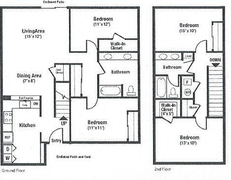 Floor plan for 4 beds, 2 baths, 1500 sqft