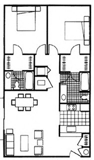 Floor plan for 2 beds, 2 baths, 964 sqft