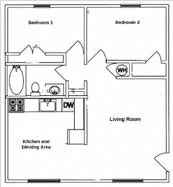 Floor plan for 2 beds, 1 bath, 748 sqft