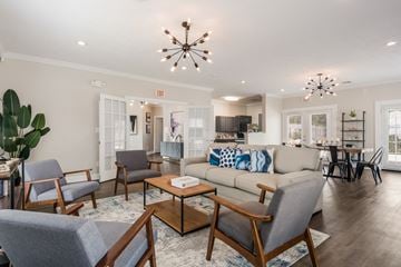 Gulfport apartment for rent - A living room with a grey couch and wooden chairs.