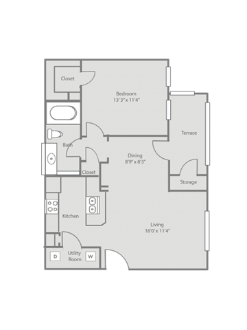 Floor plan for 1 bed, 1 bath, 646 sqft