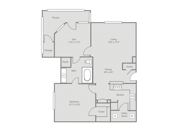 Floor plan for 1 bed, 1 bath, 866 sqft