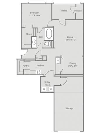 Floor plan for 1 bed, 1 bath, 814 sqft
