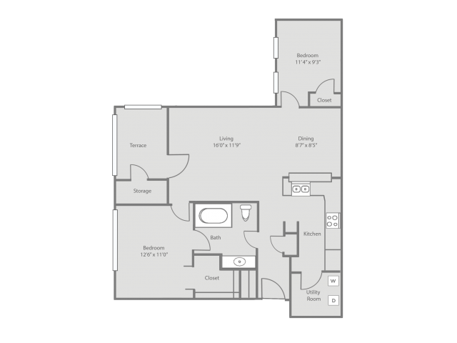 Floor plan for 2 beds, 1 bath, 871 sqft