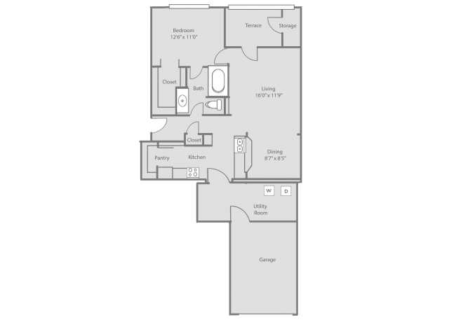 Floor plan for 1 bed, 1 bath, 872 sqft