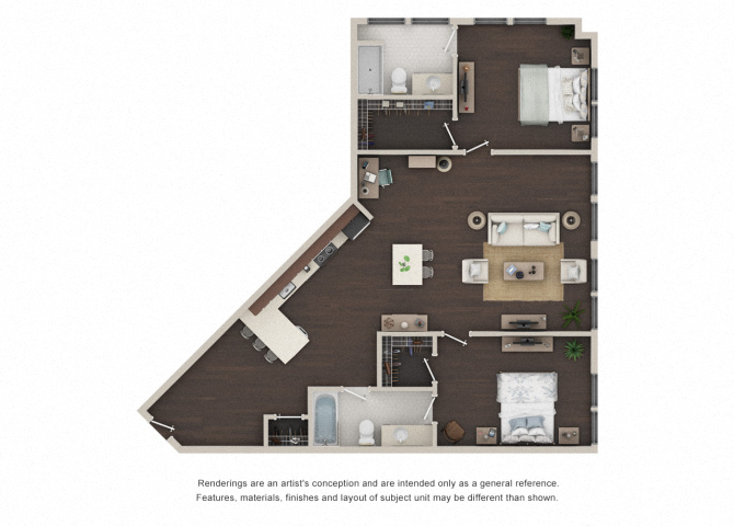 Floor plan for 2 beds, 2 baths, 1087 sqft