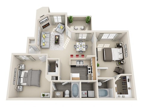 Floor plan for 2 beds, 2 baths, 1043 sqft