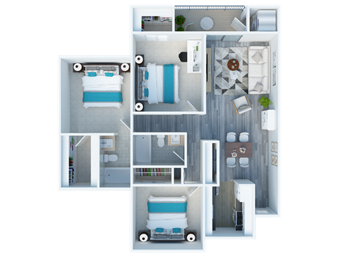 Floor plan for 3 beds, 2 baths, 1136 sqft