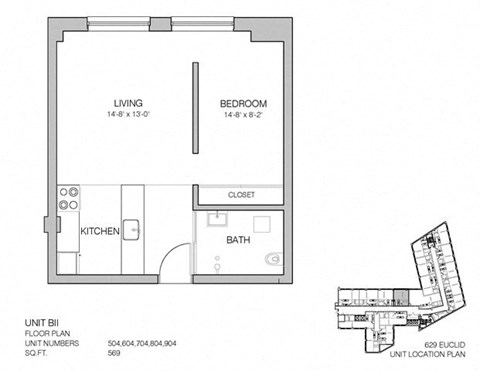 Floor plan for 1 bed, 1 bath, 569 sqft