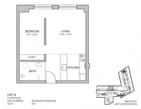 Floor plan for 1 bed, 1 bath, 574 sqft