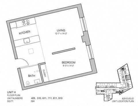 Floor plan for 1 bed, 1 bath, 584 sqft