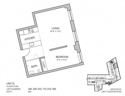 Floor plan for 1 bed, 1 bath, 640 sqft