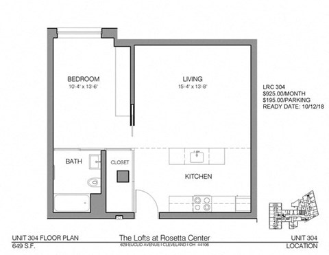 Floor plan for 1 bed, 1 bath, 649 sqft