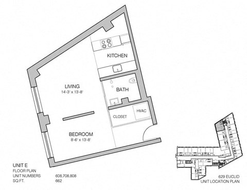 Floor plan for 1 bed, 1 bath, 662 sqft