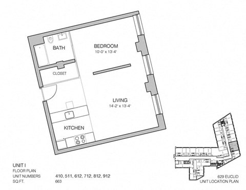 Floor plan for 1 bed, 1 bath, 663 sqft