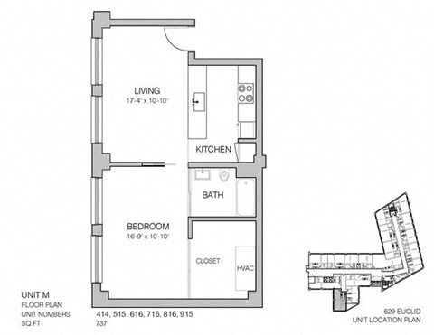 Floor plan for 1 bed, 1 bath, 737 sqft