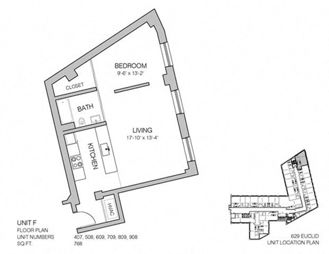 Floor plan for 1 bed, 1 bath, 768 sqft