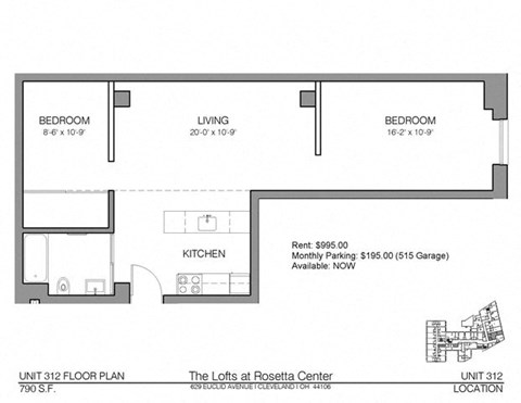 Floor plan for 1 bed, 1 bath, 790 sqft