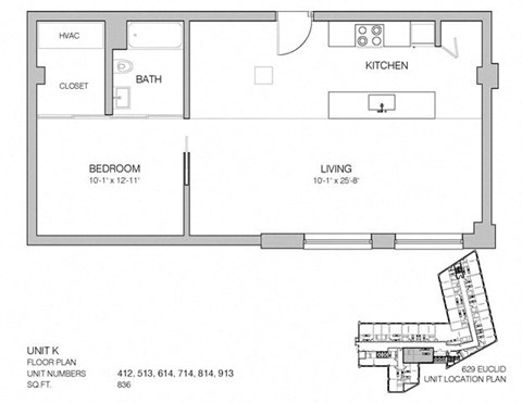 Floor plan for 1 bed, 1 bath, 836 sqft