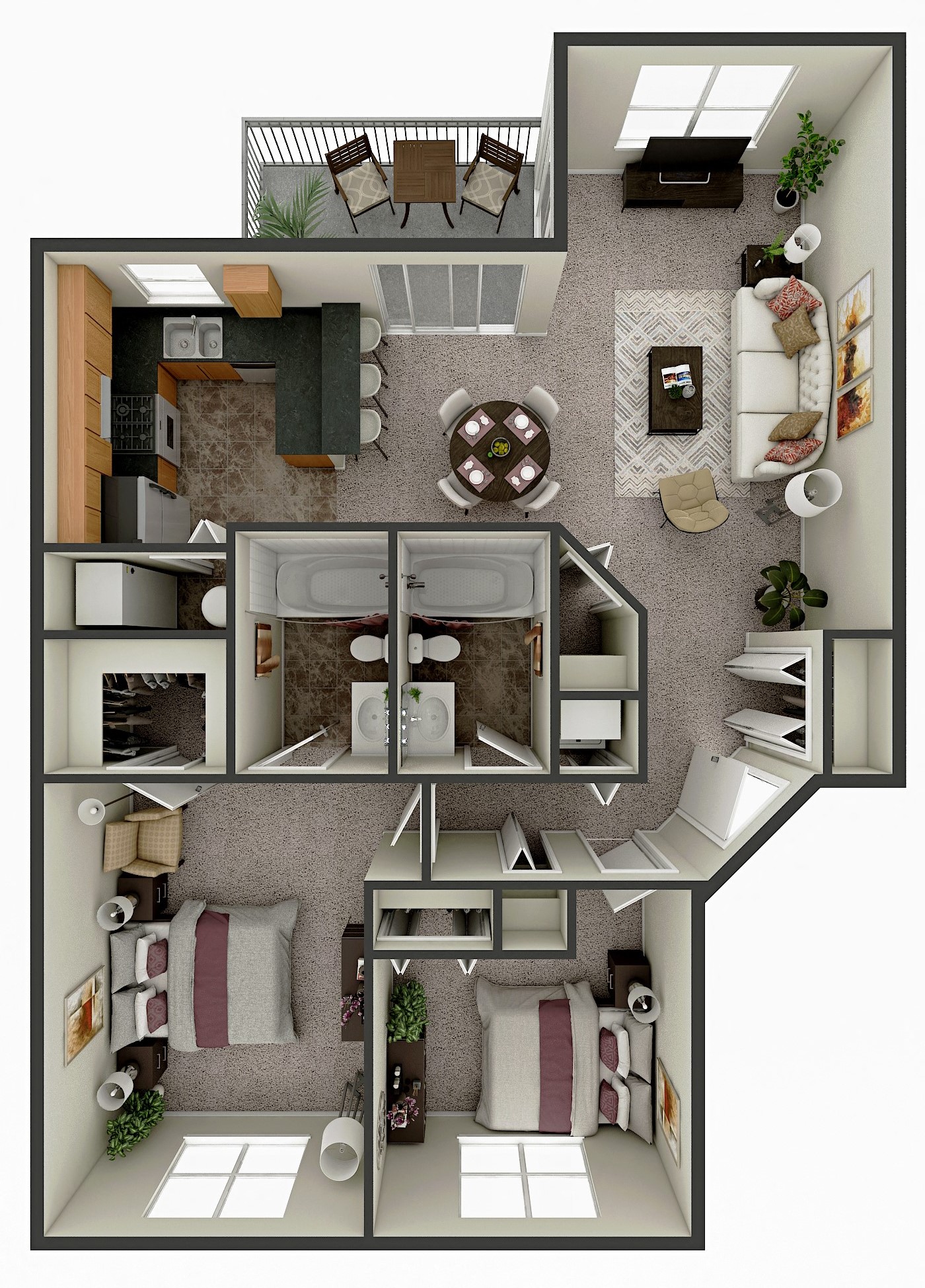 Floor plan for 2 beds, 2 baths, 950 sqft